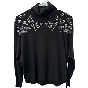 Liv MilanBlack Turtleneck Sweater with Floral Embellishments S